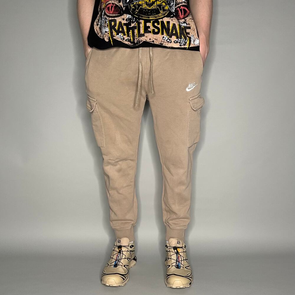 Vintage Y2K Nike Sweatpants Mens S Tan White Swoosh Cargo Pockets Cotton Joggers - Picture 2 of 5